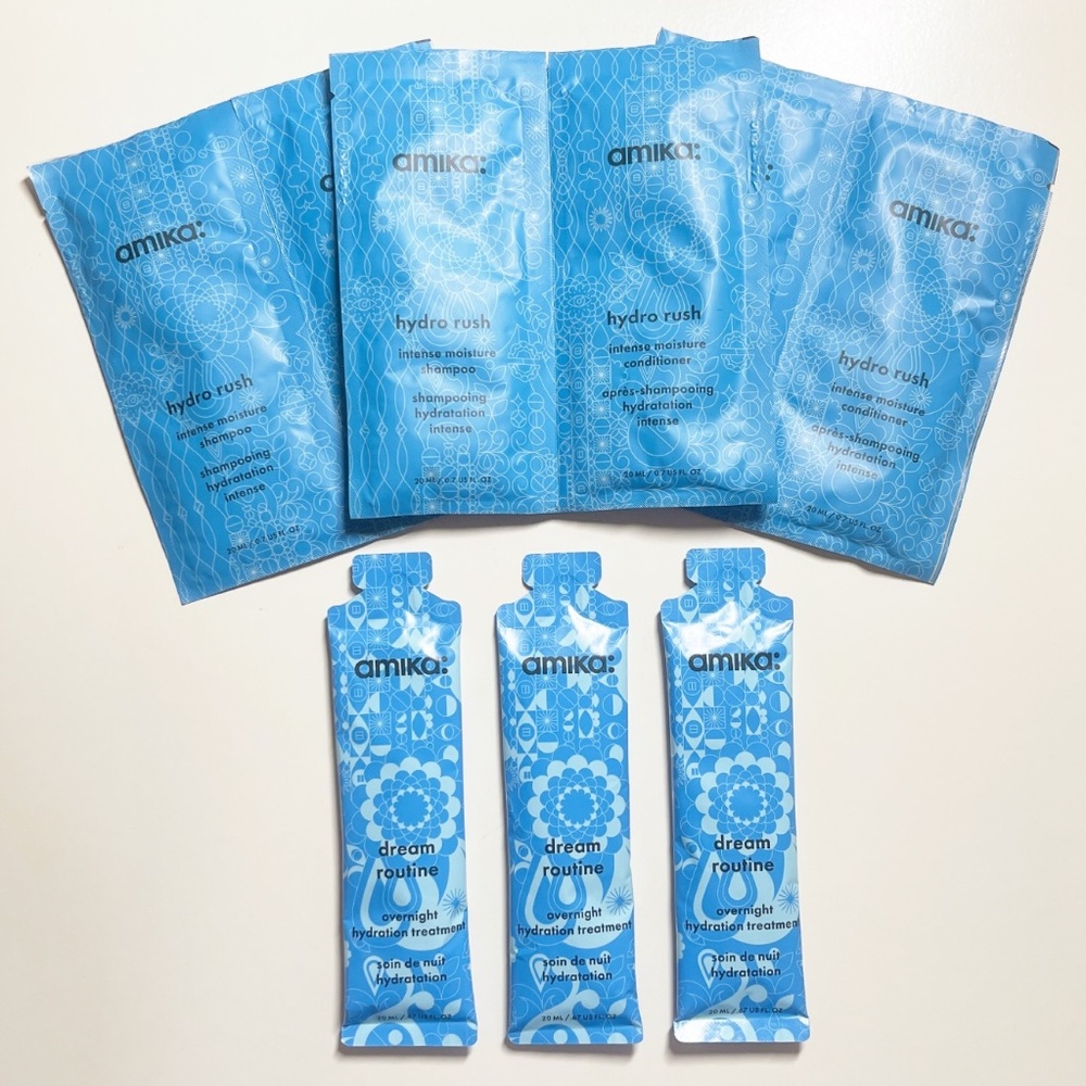 amika hydro rush and dream routine 9 deluxe samples ~ perfect travel sizes